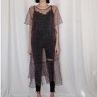 Short-sleeve Leopard Print Midi A-line Mesh Dress / Lace Trim Camisole