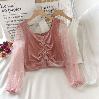 Mesh Sleeve Glitter Velvet Blouse