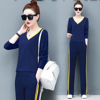 Set: Contrast Trim Pullover + Striped Straight-fit Pants