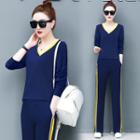 Set: Contrast Trim Pullover + Striped Straight-fit Pants
