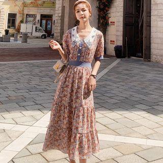 Short Sleeve Embroidered Chelsea Collar Floral Print Midi A-line Dress