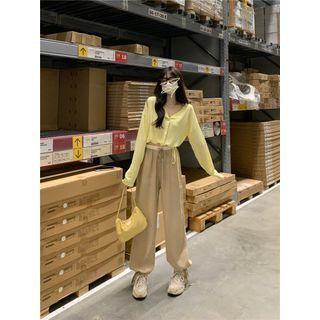 Plain Tie-strap  Cardigan / Drawstring Gathered Cuff Pants
