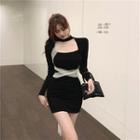 Cutout Long-sleeve Sheath Dress Black - One Size