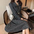 Long-sleeve Tweed A-line Shirtdress