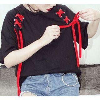 Lace Up Detail Elbow Sleeve T-shirt
