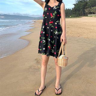 Sleeveless Cherry Floral Printed A-line Dress