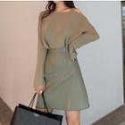 Set: Cutaway-shoulder Top + Faux-leather Skirt