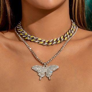 Set: Chunky Chain Necklace + Rhinestone Butterfly Pendant Necklace Silver - One Size