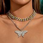 Set: Chunky Chain Necklace + Rhinestone Butterfly Pendant Necklace Silver - One Size
