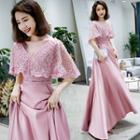 Flutter Sleeve Lace Panel V-neck A-line Evening Gown