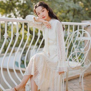 Lace Long Sleeve Tie-neck Dress