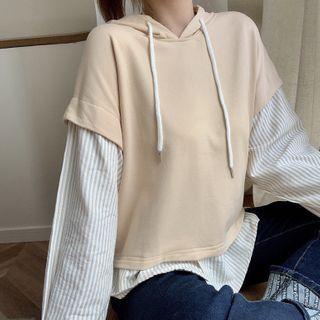 Mock Two-piece Striped Drawstring Hoodie