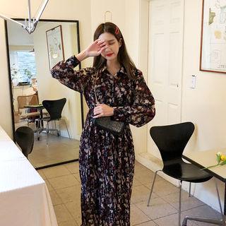 Floral Print Pleated Chiffon Dress Black - One Size