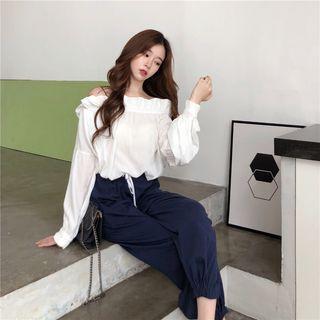 Long-sleeve Off-shoulder Tie Hem Top White - One Size
