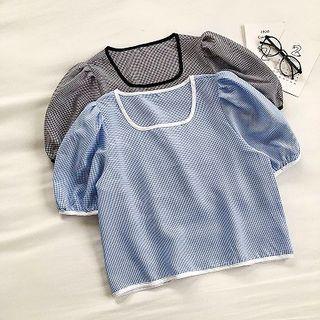 Color-block Plaid Square-neck Short-sleeve Top