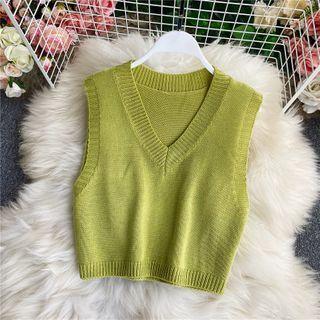 Crop Plain V-neck Knit Vest