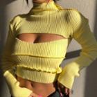 Long-sleeve Mock-neck Cutout Cropped Knit Top