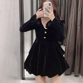 V-neck Balloon-sleeve Velvet A-line Dress