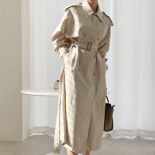 Long Sleeve Plain Double Breasted Lace-up Coat