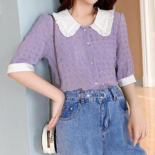 Textured Contrast Collar Frill Trim Blouse