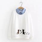 Cat Embroidered Mock Two Piece Pullover