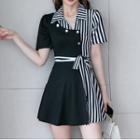 Set: Short-sleeve Striped Panel Mini Collared Dress + Shorts