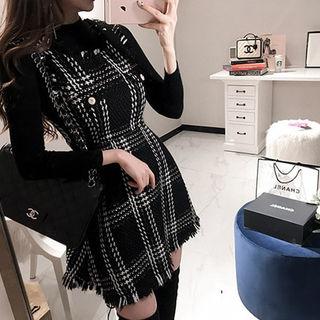Set: Mock-neck Knit Top + Sleeveless Plaid Minidress