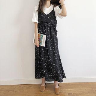 Spaghetti Strap Star Pattern Chiffon A-line Maxi Dress Black - One Size