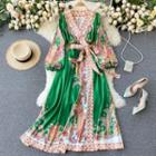 Long-sleeve Paisley Print Tie-waist Maxi A-line Dress