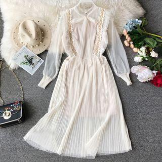 Set: Long-sleeve Midi Pleated Mesh Dress + Spaghetti Strap Mini Dress