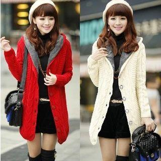 Cable Knit Hooded Buttoned Coat