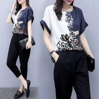 Set: Short-sleeve Printed Chiffon Top + Cropped Pants