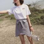 Set: Heart Embroidered Short Sleeve T-shirt + Plaid Skirt