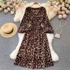 V-neck Leopard Print Puff-sleeve Dress