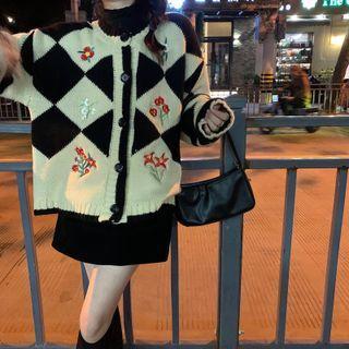 Long-sleeve Embroidered Plaid Knit Cardigan / High-waist A-line Mini Skirt
