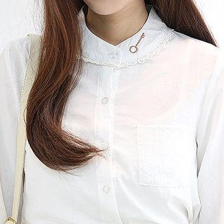 Embroidered Mandarin-collar Bow-sleeve Blouse