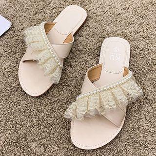 Faux Pearl Lace Trim Flat Slide Sandals