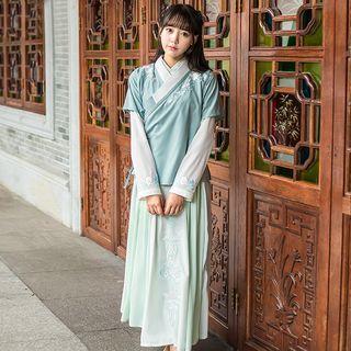 Hanfu Set: Long-sleeve Top + Maxi Skirt + Elbow-sleeve Light Jacket