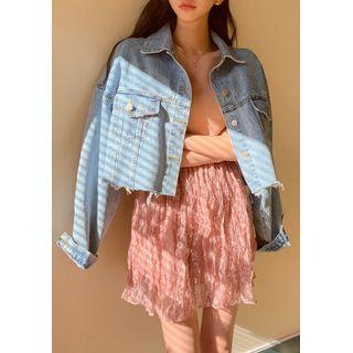 Cut-hem Denim Trucker Jacket Light Blue - One Size