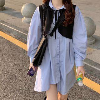 Long-sleeve Asymmetrical Mini Shirtdress / Cropped Vest
