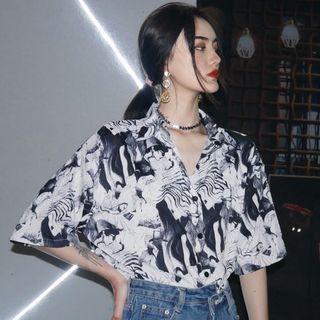 Printed Elbow-sleeve Shirt Shirt - One Size