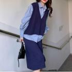 V-neck Vest / Midi A-line Skirt / Long-sleeve Striped Shirt / Set