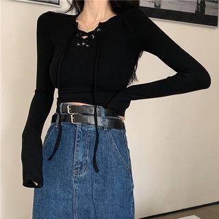 Long-sleeve Lace Up T-shirt / Denim Midi A-line Skirt