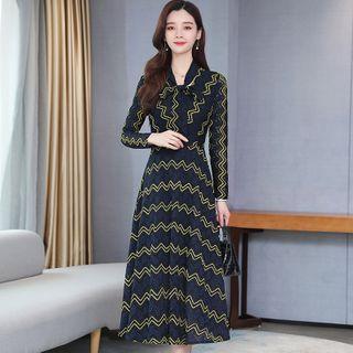 Long-sleeve Curve Striped Midi A-line Dress