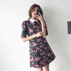 Contrast-collar Floral Jacquard A-line Dress