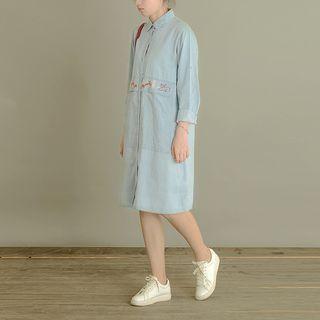 Long-sleeve Embroidered Denim Midi Shirt Dress