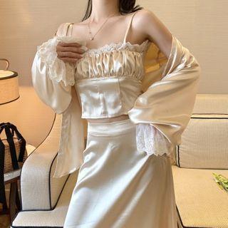 Shirred Camisole Top / Lace-cuff Shirt / Midi A-line Skirt