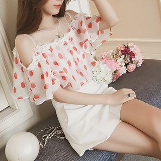 Cold-shoulder Lace Trim Dotted Blouse