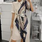 Elbow-sleeve Printed Paneled Shirt Dress