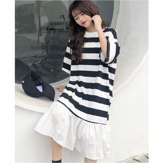 Ruffle Hem Striped Elbow-sleeve A-line Midi Dress